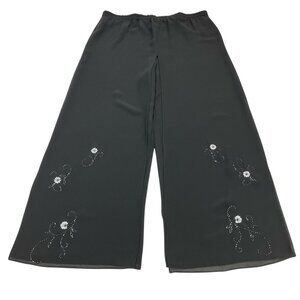 Adrianna Papell Evening Pants 10 Black Chiffon Wide Leg Floral Beaded  Event
